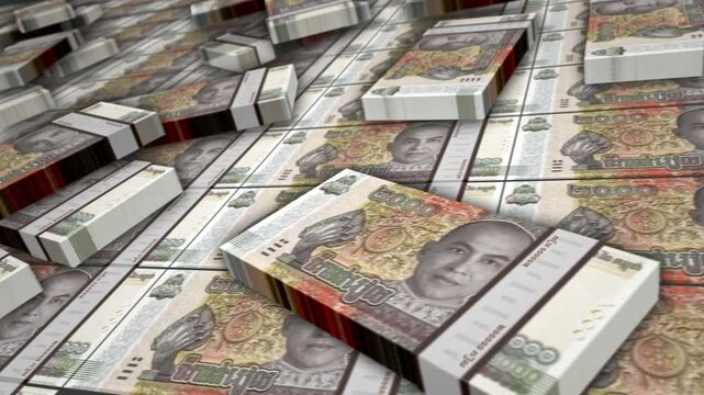 Cambodia money Cambodian riel banknote bundle loop. 2000 KHR money stacks. Concept of business, economy, banking and finance. Camera over cash packs loopable seamless 3d.