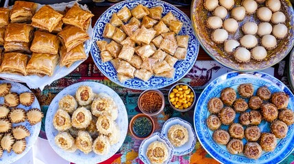Fototapeta premium Assorted Delicious Middle Eastern Sweets and Pastries on Display
