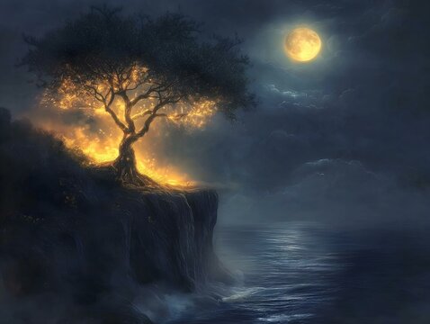 moonlit seascape lone tree tranquil scene dark blues silvers full moon - Powered by Adobe