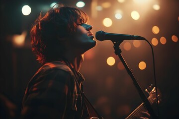 muzyk, koncert, scena, występ na żywo, emocje, pasja, gitara, pianino, mikrofon, instrument, publiczność, światła sceniczne, rozmyte tło, dramatyczne oświetlenie, energia, muzyka, artysta, dokumentaln