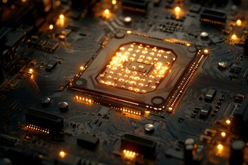 komputer, chip, procesor, sztuczna inteligencja, AI, technologia, nowoczesność, zaawansowane, obwody, metalowe piny, połączenia, podświetlenie, detale, struktura, precyzja, motherboard, sprzęt, high-t