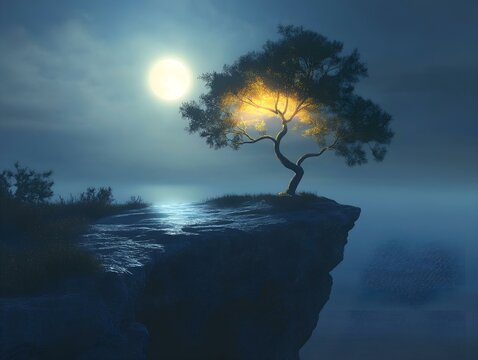 moonlit seascape lone tree tranquil scene dark blues silvers full moon