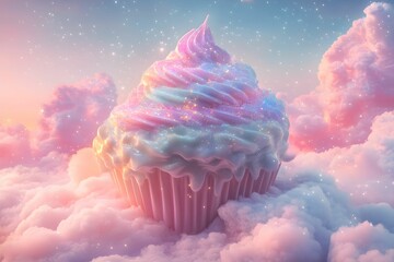 magiczna scena, chmurka, pastelowe kolory, babeczka, iryzujący lukier, błyszczące drobinki, niebo, bawełniany cukier, gradient, różowy, baby blue, gwiazdki, delikatne światło, cudowny, fantastyczny, m