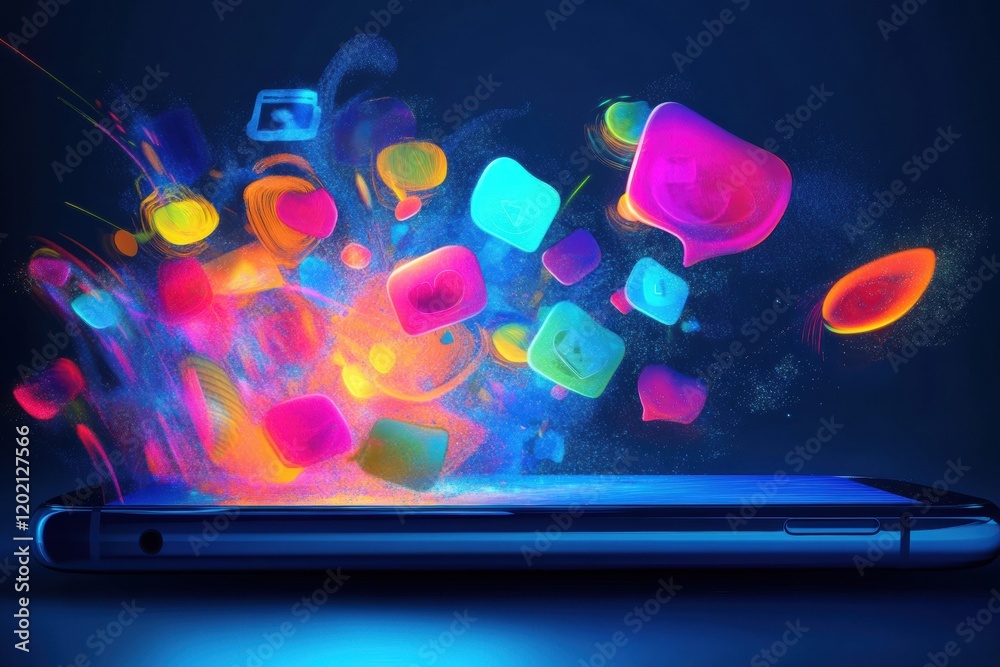 Poster chat bubbles burst from smartphone in vibrant colors showcasing digital communication trends in a mo