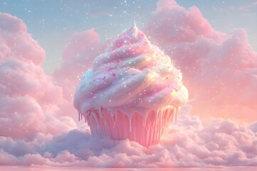 magiczna scena, chmurka, pastelowe kolory, babeczka, iryzujący lukier, błyszczące drobinki, niebo, bawełniany cukier, gradient, różowy, baby blue, gwiazdki, delikatne światło, cudowny, fantastyczny, m