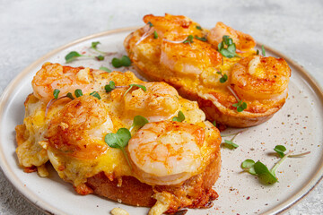 sandwiches with shrimp and cheese, baked in the oven, with microgreens, breakfast, homemade, no people,