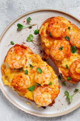 sandwiches with shrimp and cheese, baked in the oven, with microgreens, breakfast, homemade, no people,