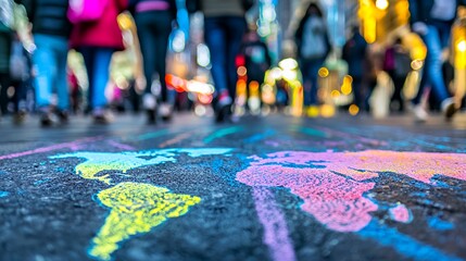 Global Unity: A Chalk Art World Map Underfoot
