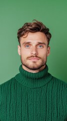 Obraz premium Handsome Man in Green Knitted Sweater with Serious Expression on Green Background for Fashion Portrait Photography