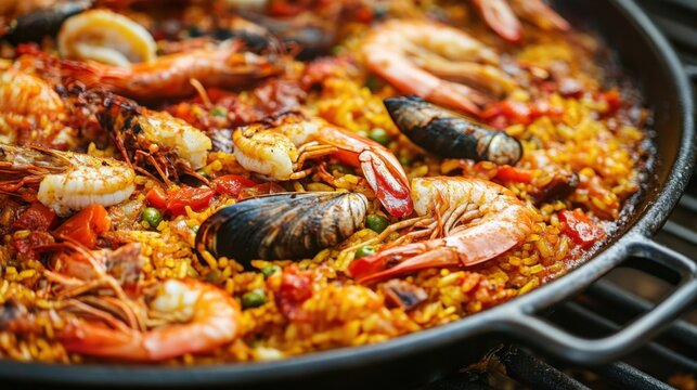 Image of seafood paella with saffron on a rustic serving dish, highlighting vibrant colors and rich flavors. Perfect for festive gatherings and culinary showcases.