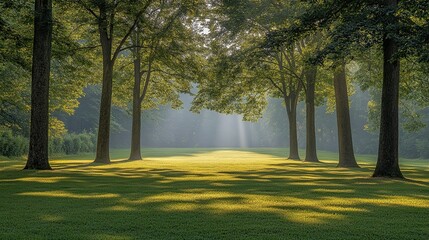 Fototapeta premium Sunbeams illuminate morning mist in park