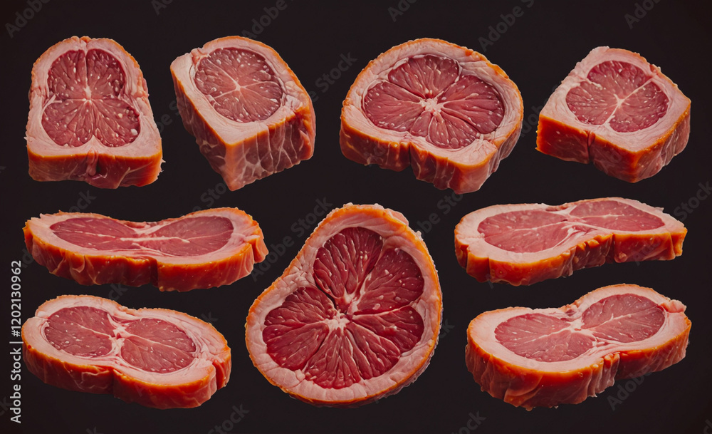 Poster A close up of various cuts of meat, including a grapefruit. Concept of abundance and variety, as there are many different types of meat and fruit on display
