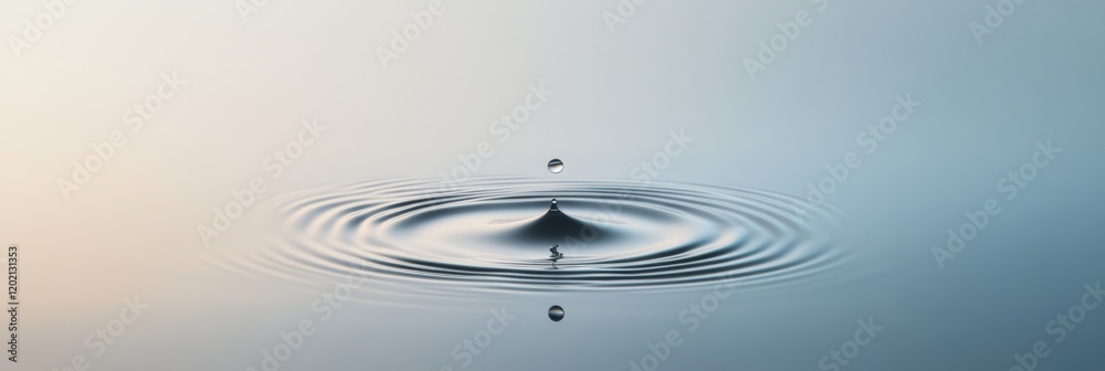 Poster Single drop of water falling into a calm body of water, creating perfectly concentric ripples expanding outwards, with a soft, diffused light illuminating the scene