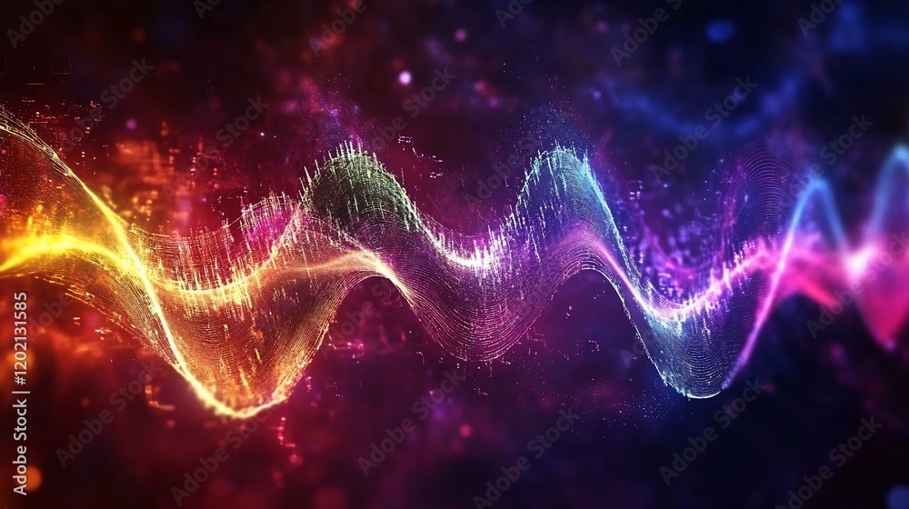 Poster abstract wave pattern with glowing particle effect and dark colored background