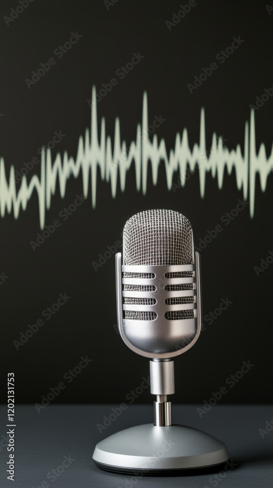 Poster Silver retro microphone is recording music in a studio, with sound waveform displayed on the screen in the background, representing audio recording, singing, podcasting, and broadcasting