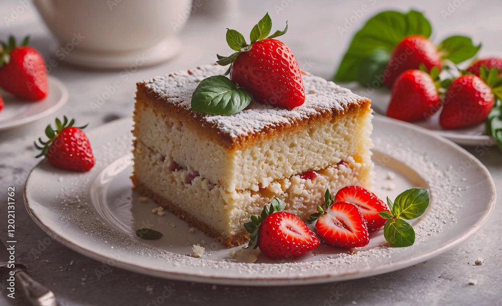 Poster a slice of cake with strawberries and powdered sugar on top. the cake is cut in half and placed on a