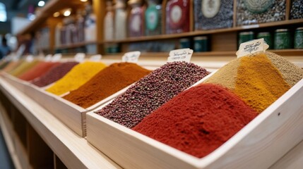 A bustling travel destination with an exotic market, showcasing vibrant stalls of spices, fruits