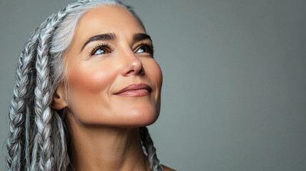 A European (Caucasian) middle-aged woman with a playful, lively smile, has trendy silver hair, authentic African braids. Beauty concept, business