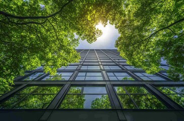 A Dramatic View of a Modern Skyscraper Surrounded by Lush Green Foliage Under a Bright Sky with the Sun Shining Through in an Urban Environment