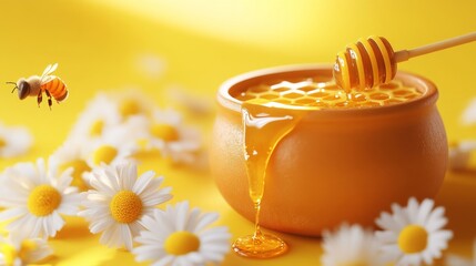 Golden Honey Flowing from Honeycomb into Clay Pot with Bee and Daisies