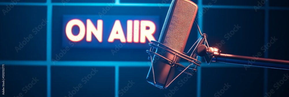 Poster Studio condenser microphone transmitting a live broadcast, illuminated by a vibrant on air sign in a dark recording studio, creating an evocative atmosphere of sound and communication