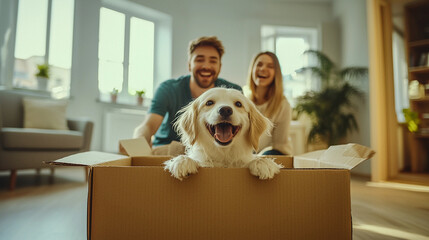 Relocation. Happy dog inside a cardboard moving box. Background - a man and woman are sitting on the sofa and laugh. The concept of moving. Packing things in boxes.  Logistics, cargo transportation