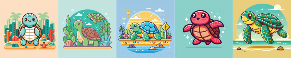 Vector collection of cute little turtles
