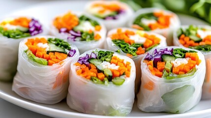 Fresh vegetable spring rolls on a plate. Healthy food, close-up shot, ideal for recipe blogs and websites