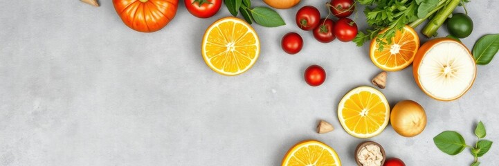Close up of a variety of fruits and vegetables, including oranges, tomatoes