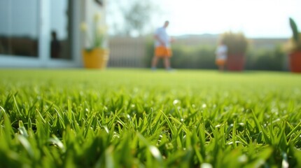 Man and a woman are playing frisbee on a lush green lawn