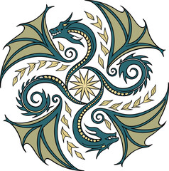 dragon-mandala coiled-snakes-forming-symmetrical -mandala An intricate mandala with symmetrical patterns, perfect for art, décor, and meditation projects