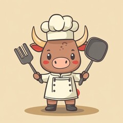 Cartoon bull chef cooking, kitchen background, food illustration, recipe design