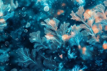 Obraz premium Illuminated Aquatic Plant Life Forms Undersea