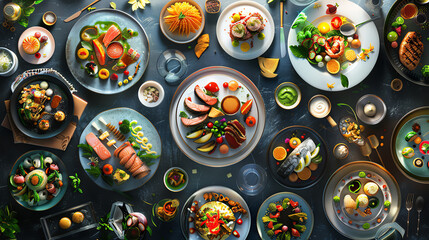 Experience the bustling world of culinary arts from a birds eye view, showcasing vibrant dishes and creative plating Emphasize unexpected camera angles to capture the essence of innovation and gastron