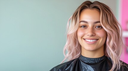 Smiling Woman with Balayage Hair in Salon Setting