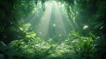 Fototapeta premium Sunbeams pierce lush jungle path, misty background, nature scene