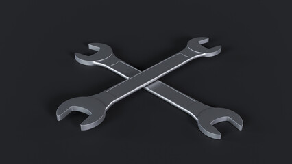 3D illustration of two metal wrenches crossed against a black background. Ideal for illustrating repair, maintenance, construction, mechanics, and industrial themes.