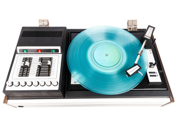 Obraz premium Vintage turntable record player with turquoise vinyl isolated on white background.