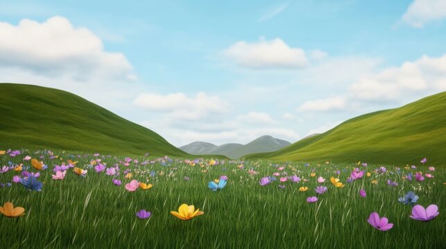 a hidden meadow surrounded by rolling hills, filled with colorful wildflowers 