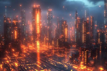 Fototapeta premium holographic megacity rising from an iridescent circuit board, neon light streams connect buildings, cyberpunk aesthetic with floating data streams
