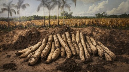Harvested Cassava Roots in Tropical Field Setting