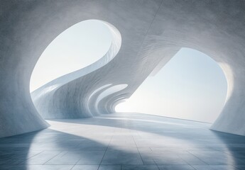 Abstract architectural interior with smooth curves and light reflections, creating a serene and modern atmosphere that exemplifies minimalist design principles and open space.
