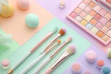 Colorful makeup tools arranged creatively on pastel backgrounds,