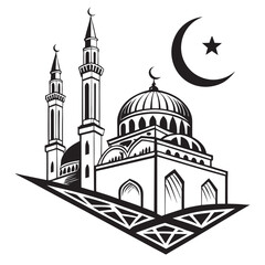 Fototapeta premium Adobe IllustFlat vector illustration of mosque and crescent silhouette logo concept. Suitable for design elements of Ramadan Kareem, Eid al-Adha, theme logos, Islamic events, and celebratrator Artwork