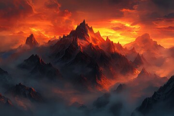 Fototapeta premium Majestic mountain peaks at fiery sunset