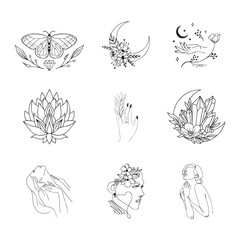  Boho-Inspired Line Art, Butterflies, Crystals, Moons, and Feminine Silhouettes.