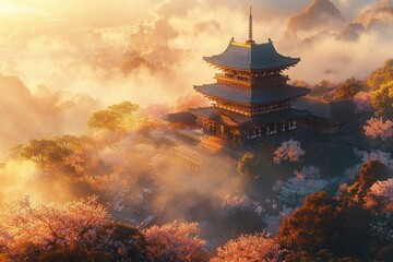 Obraz premium Serene temple emerges from mist, surrounded by blooming cherry b