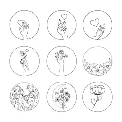 Minimalist Floral and Hand Line Art Icons for Design Projects.