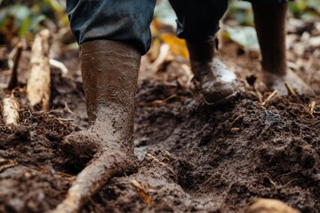 Mud-Covered Boots in Rural Farming Scene