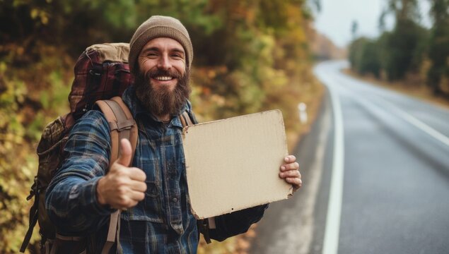 Cheerful traveler with a beard and hat holding an empty sign by a highway, surrounded by nature, giving a thumbs up and smiling